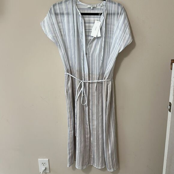 NWT Vince Womens Dress White Blue Drapey Stripe Shirred Short Sleeve Midi $375 - Picture 3 of 11